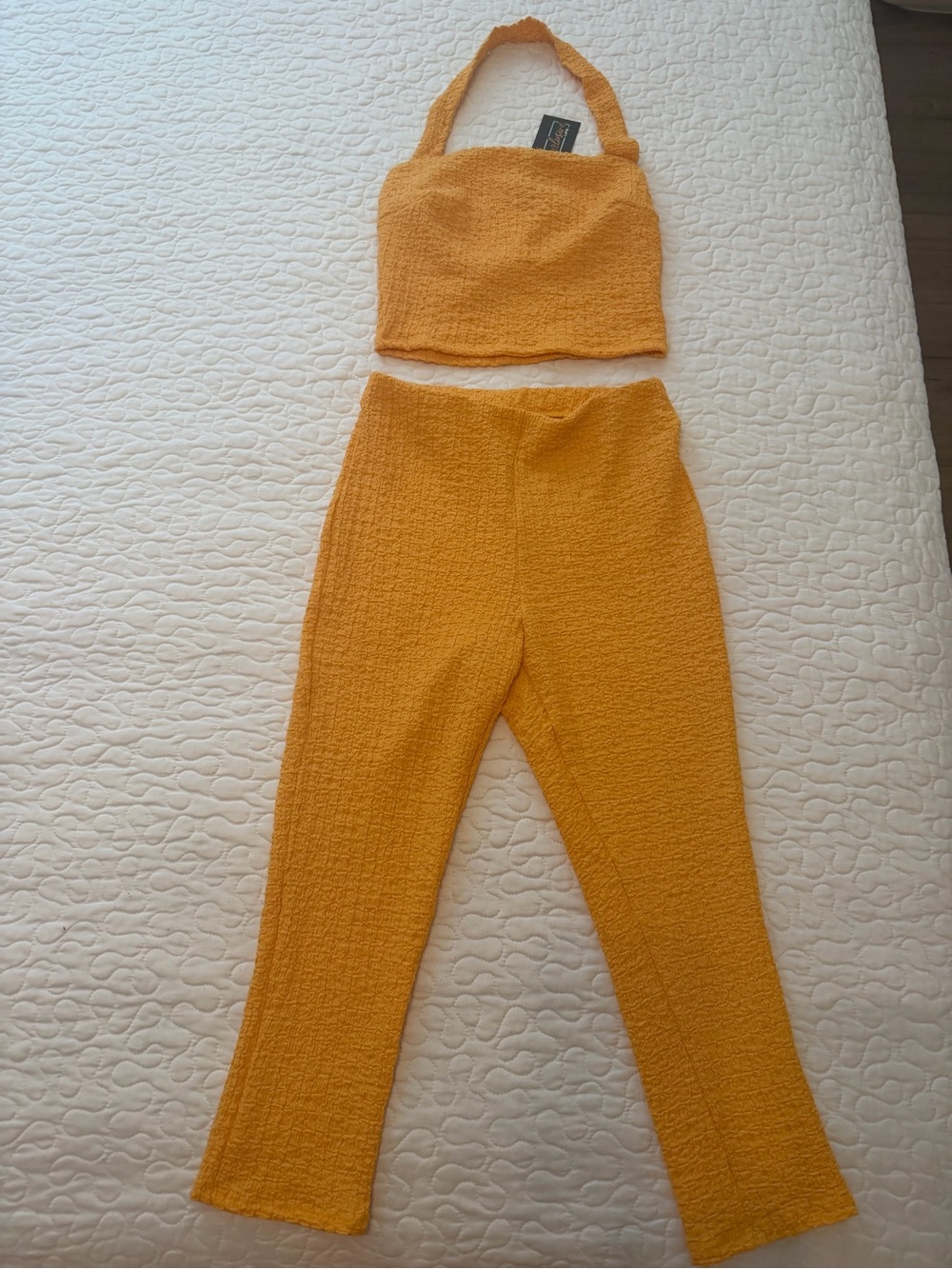 High-Waist Textured Skinny Pants & Halter Crop Set - Mustard Yellow